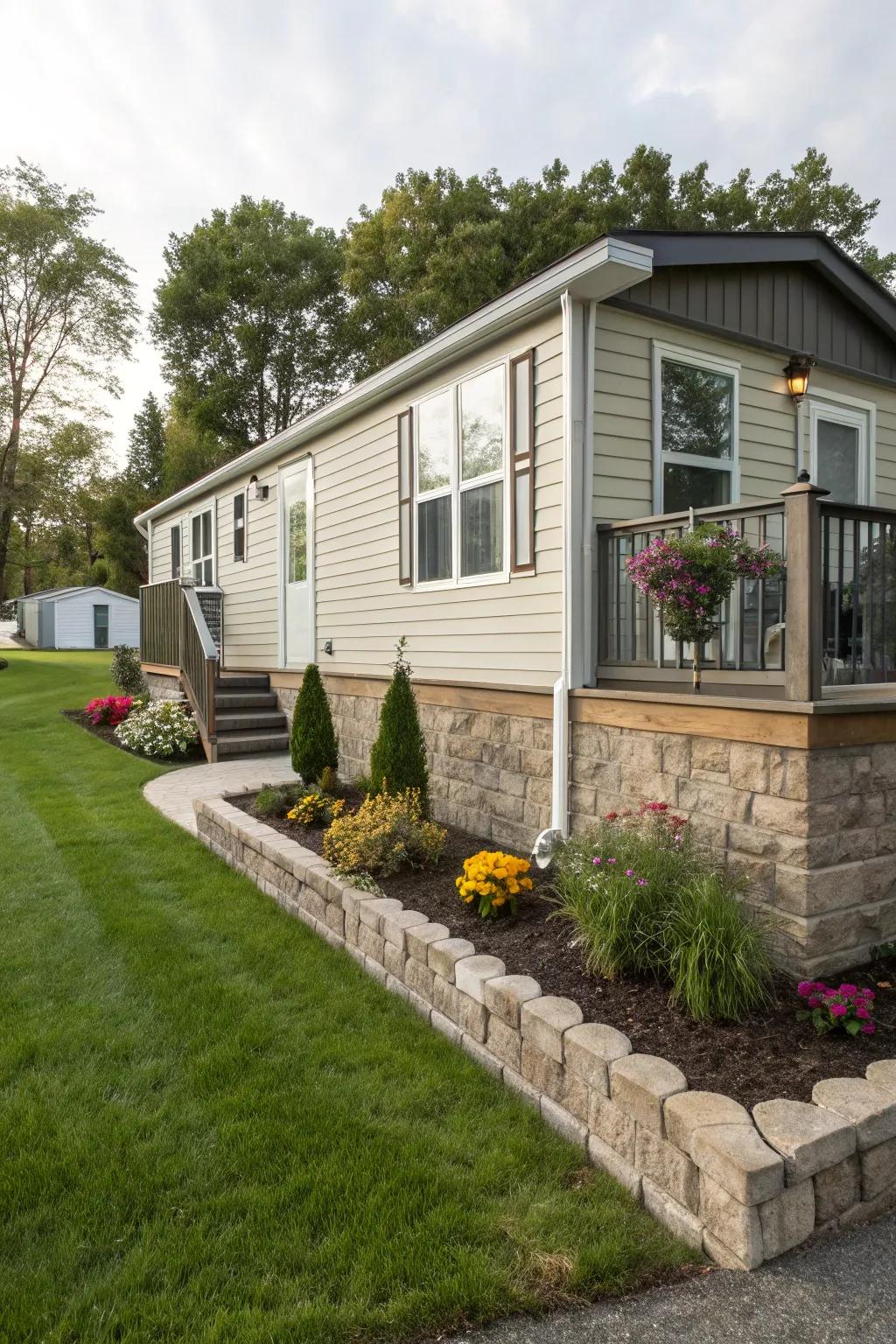 Stone skirting lends a contemporary impression to this mobile home's exterior.