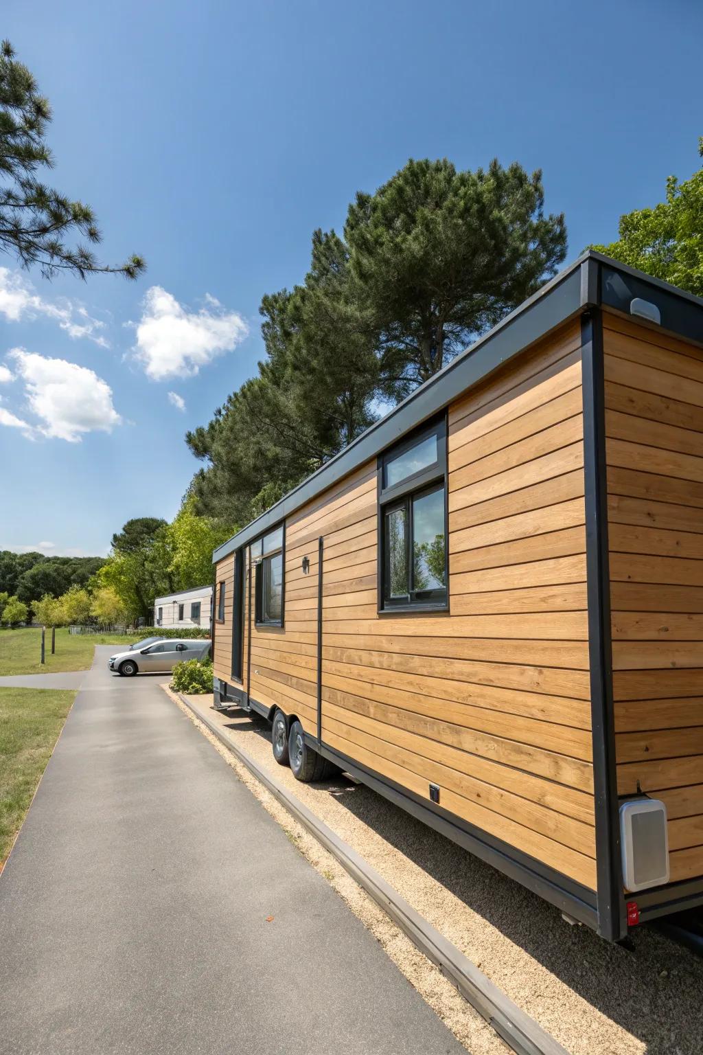 Horizontal timber panels lend a modern flair to mobile home base coverings.
