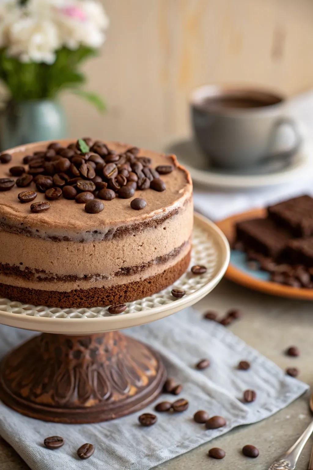 Mocha cake embellished with complete coffee grains for added texture.