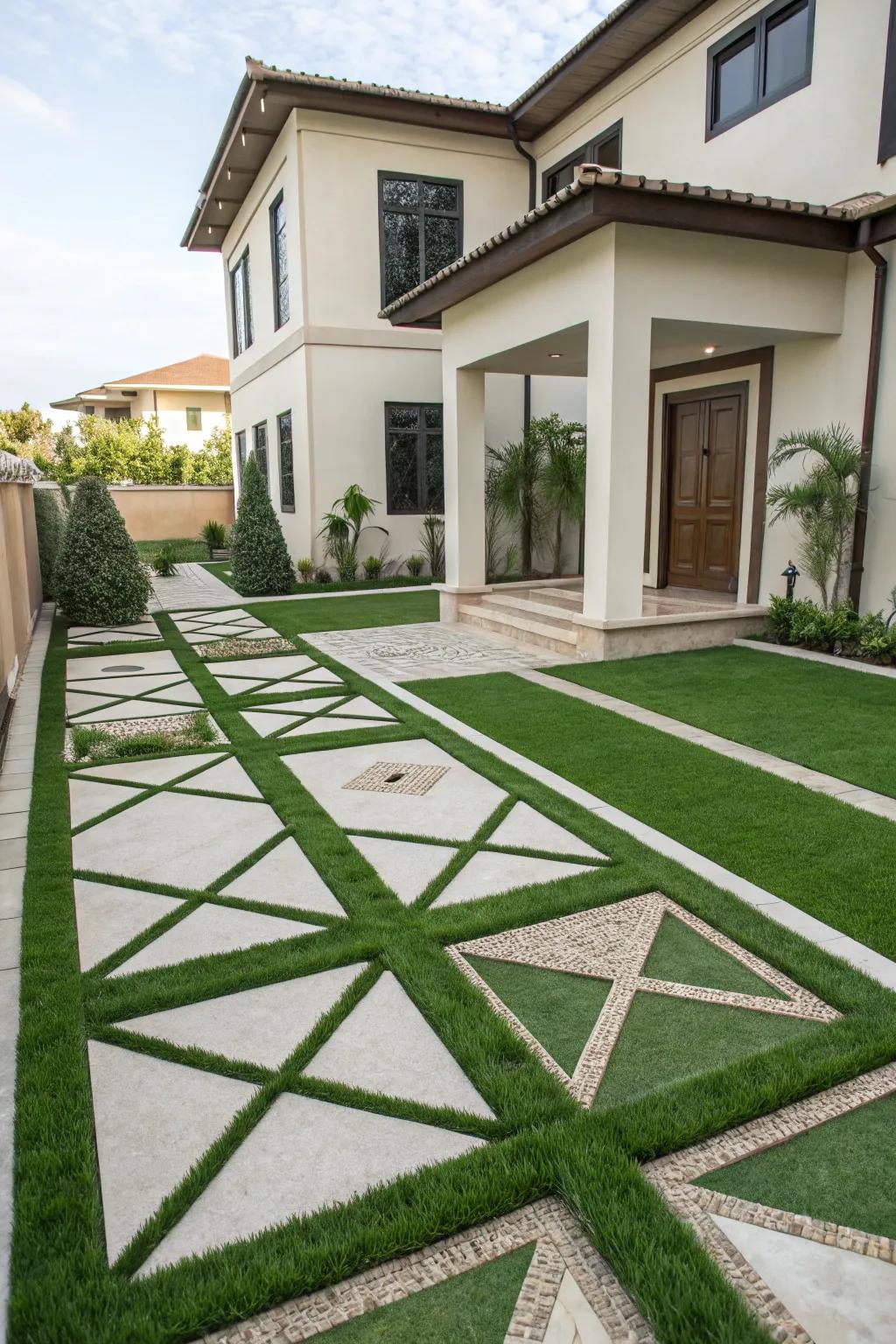 A symmetrical layout using artificial grass provides a balanced and refined appearance.