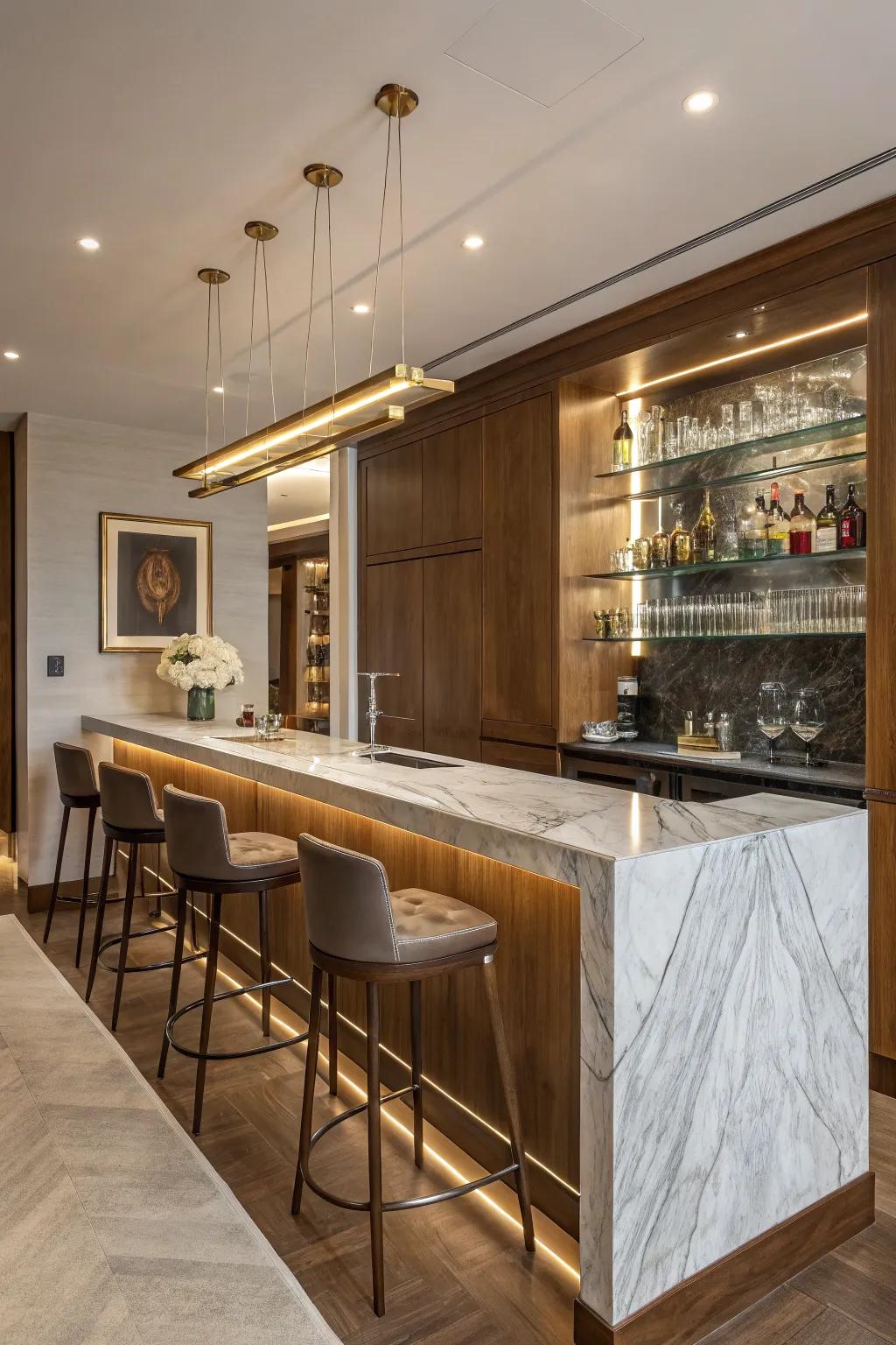 A luxurious home bar with high-quality materials.