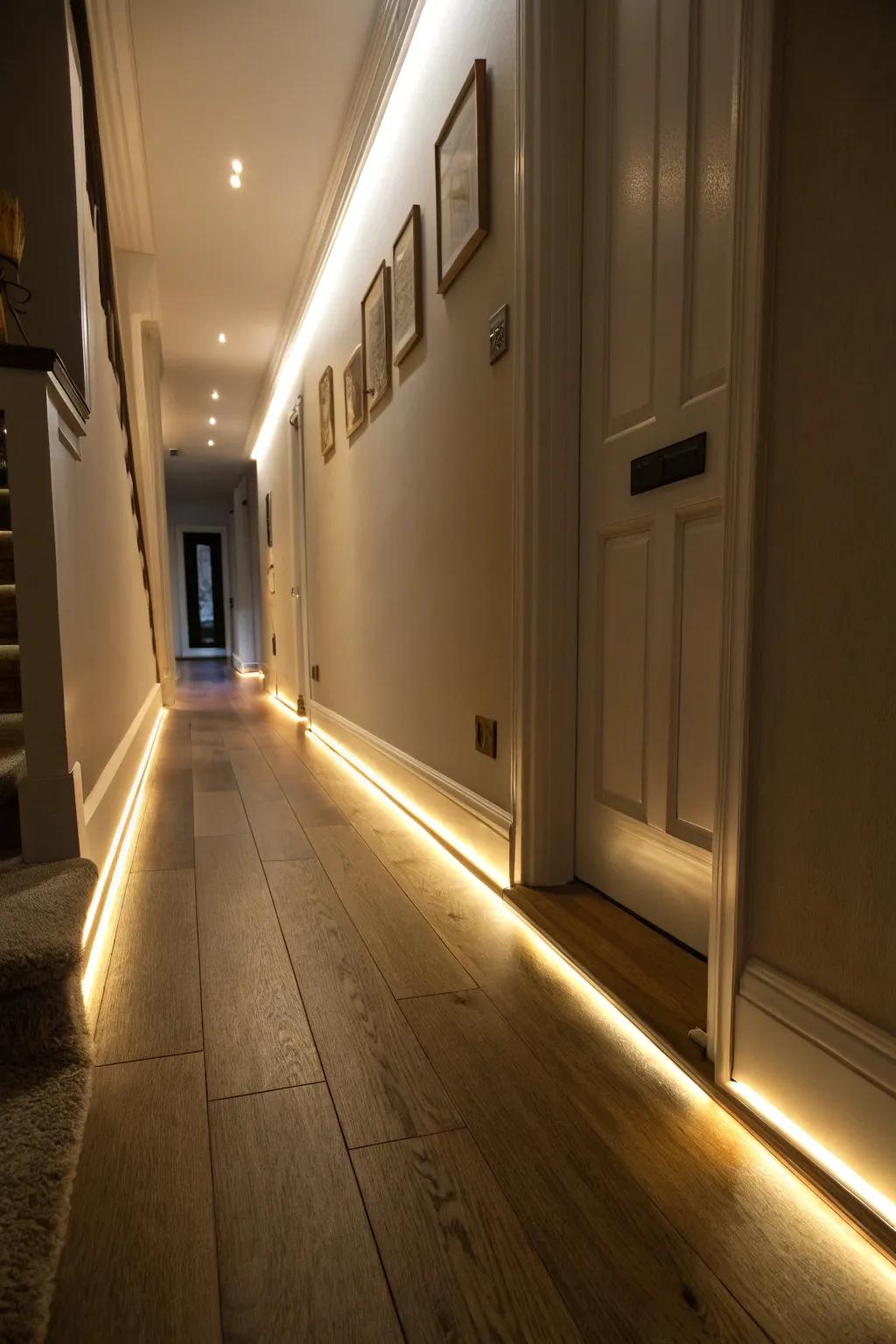 Baseboards equipped with built-in LED illumination, engendering a toasty atmosphere.