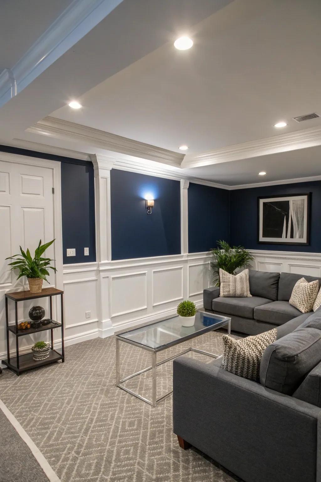 Deep ocean blue introduces dimension and elegance to a modern basement.