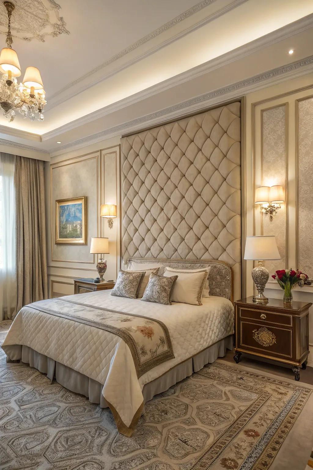 Textured panels imbue depth and an air of extravagance into any bedroom.