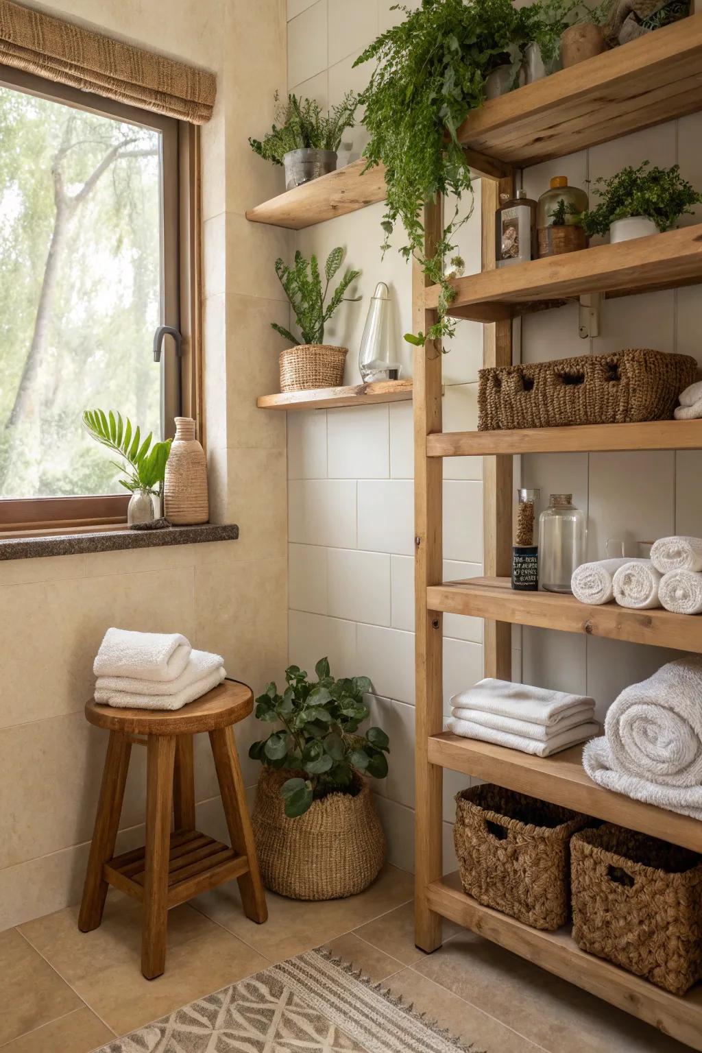 Wooden details bring a cozy ambiance to a contemporary beige bathroom.