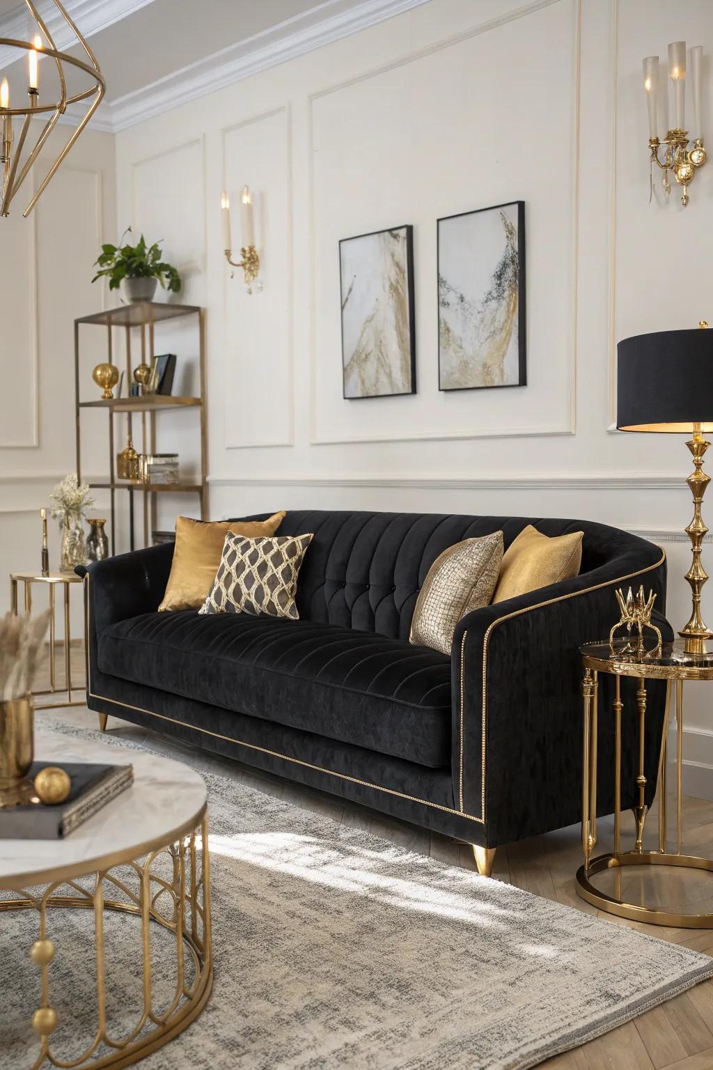 A fancy black velvet sofa bringing charm to a modern living room.