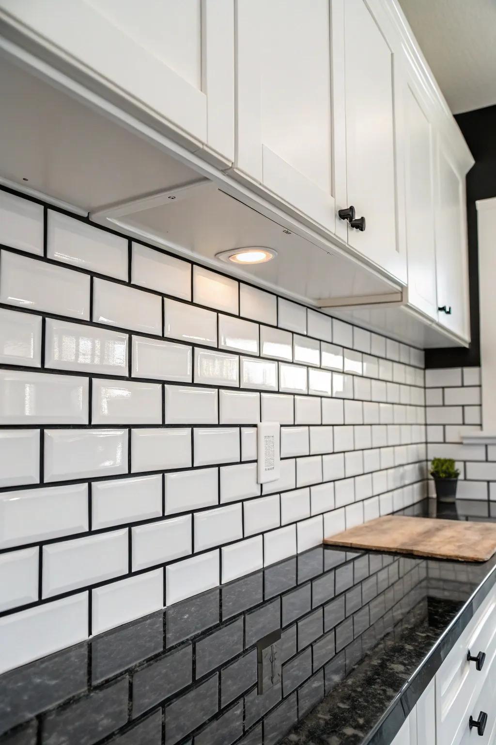 Classic subway tiles enhanced with striking ebony grout for contrast.