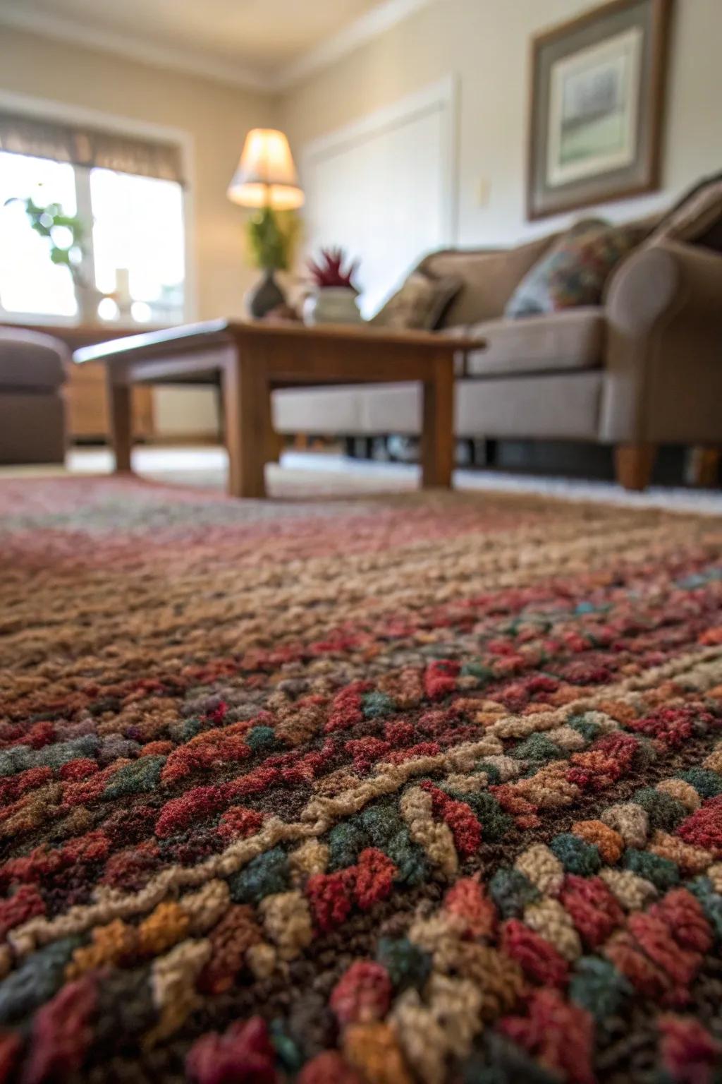 Detailed view of a textured carpet, bringing a warm touch to a comfortable living space