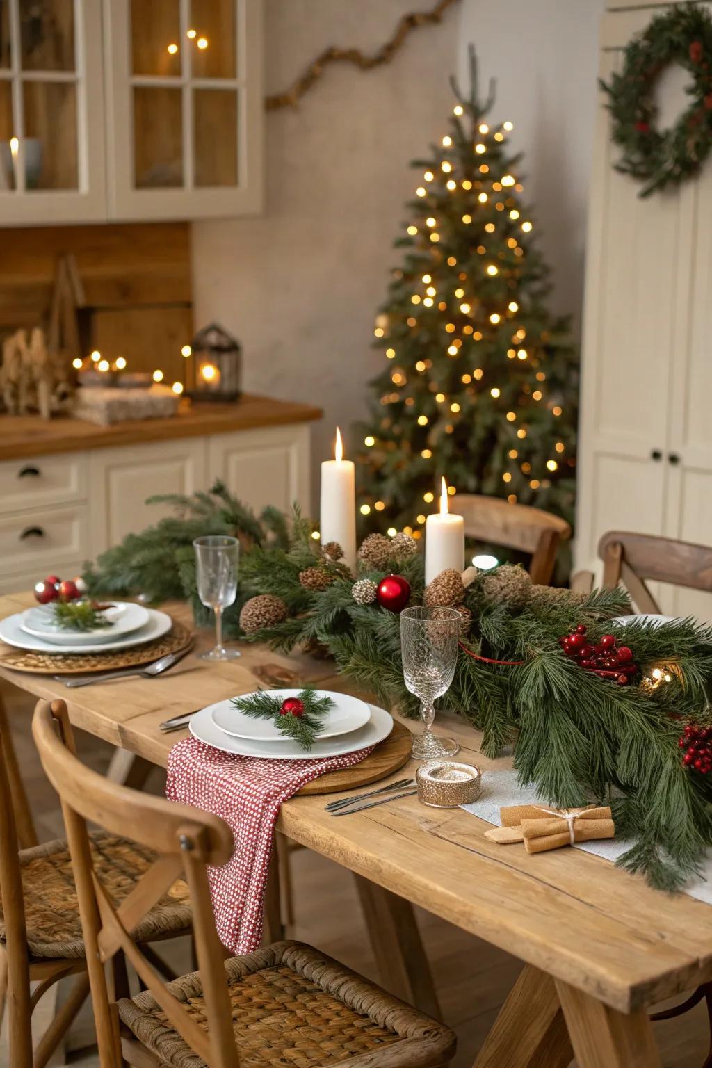 A Christmas table arrangement ornamented with natural fir sprigs and festoons.