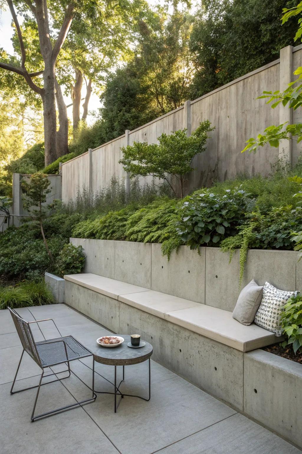 A concrete wall that integrates seating seamlessly, encouraging relaxation.