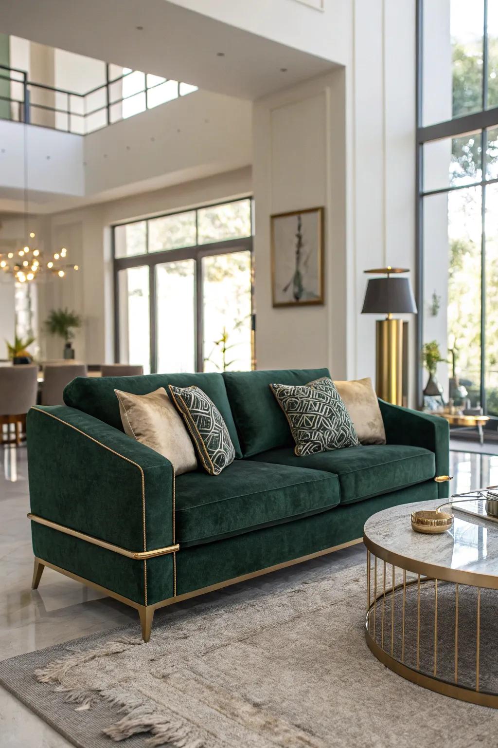 A deep green velvet couch enriches your living room with charm and a sense of luxury.