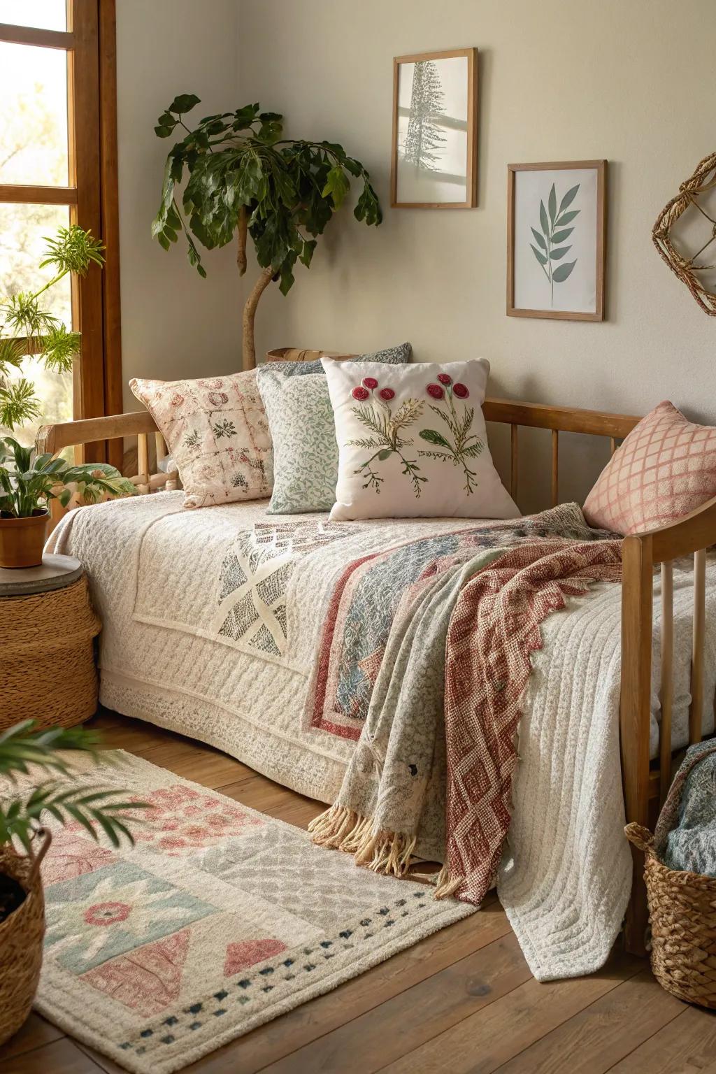 Layered feels on a daybed create a comfortable and welcoming environment.