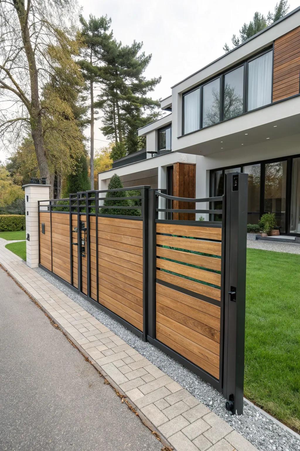 Combining materials like wood and metal fashions a captivating, modern gate.