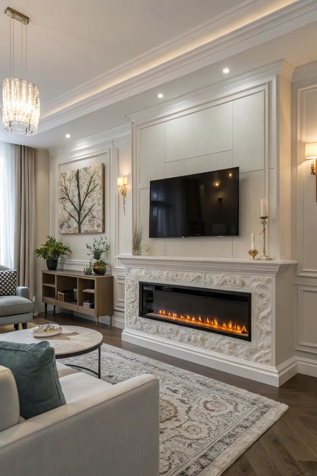 An electric fireplace installed neatly below a television that's mounted on the wall.