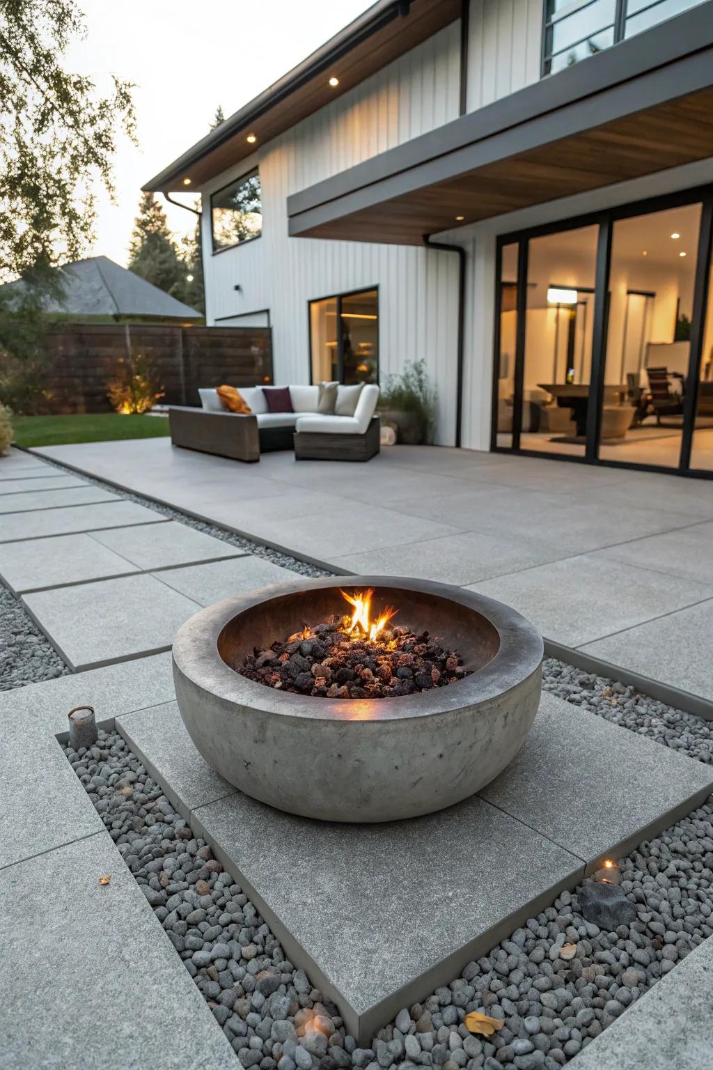A modern patio featuring a central outdoor heater for warm get-togethers.