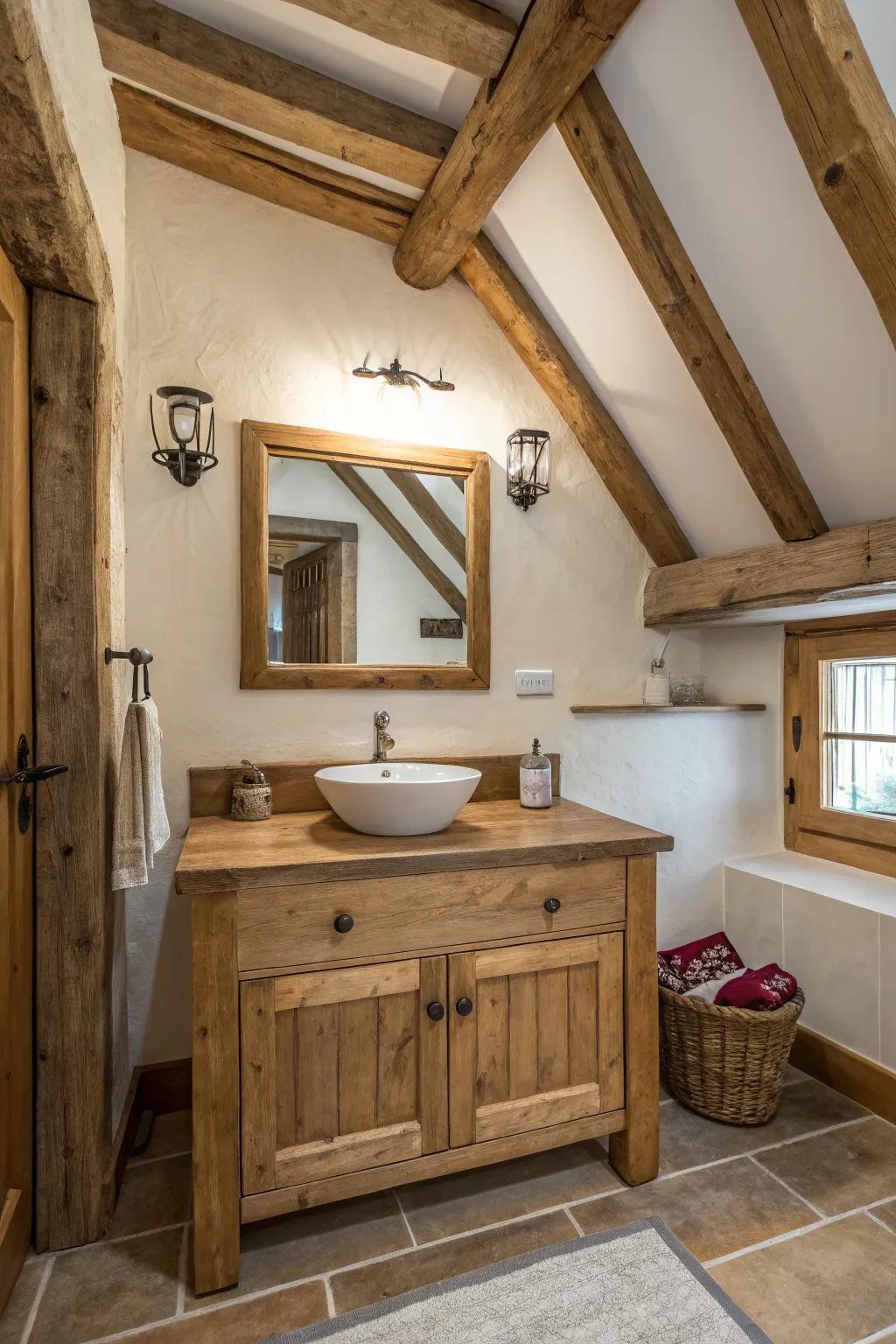 Unrefined timber features contribute warmth and character to the bathroom.