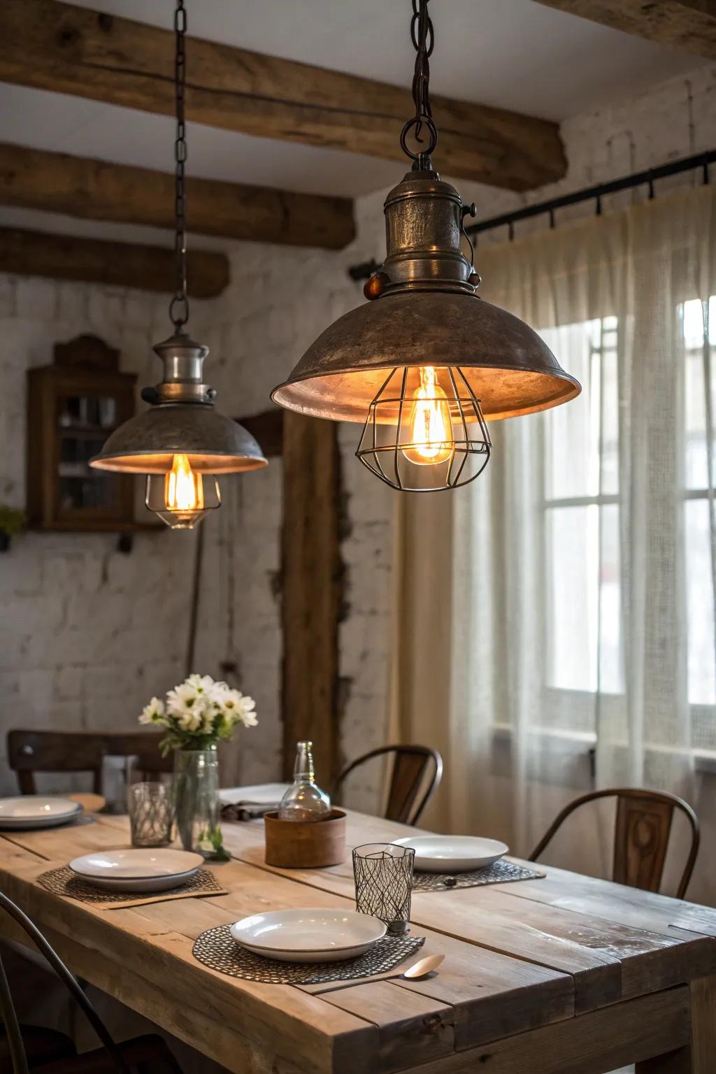 Industrial lighting brings a modern touch to rustic settings.