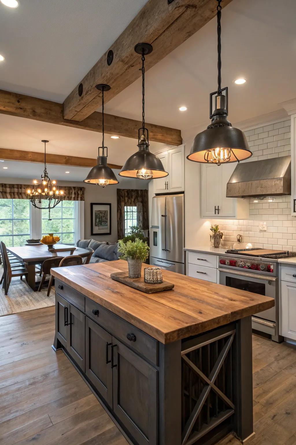 Factory-style hanging lights offer a refined, contemporary element.