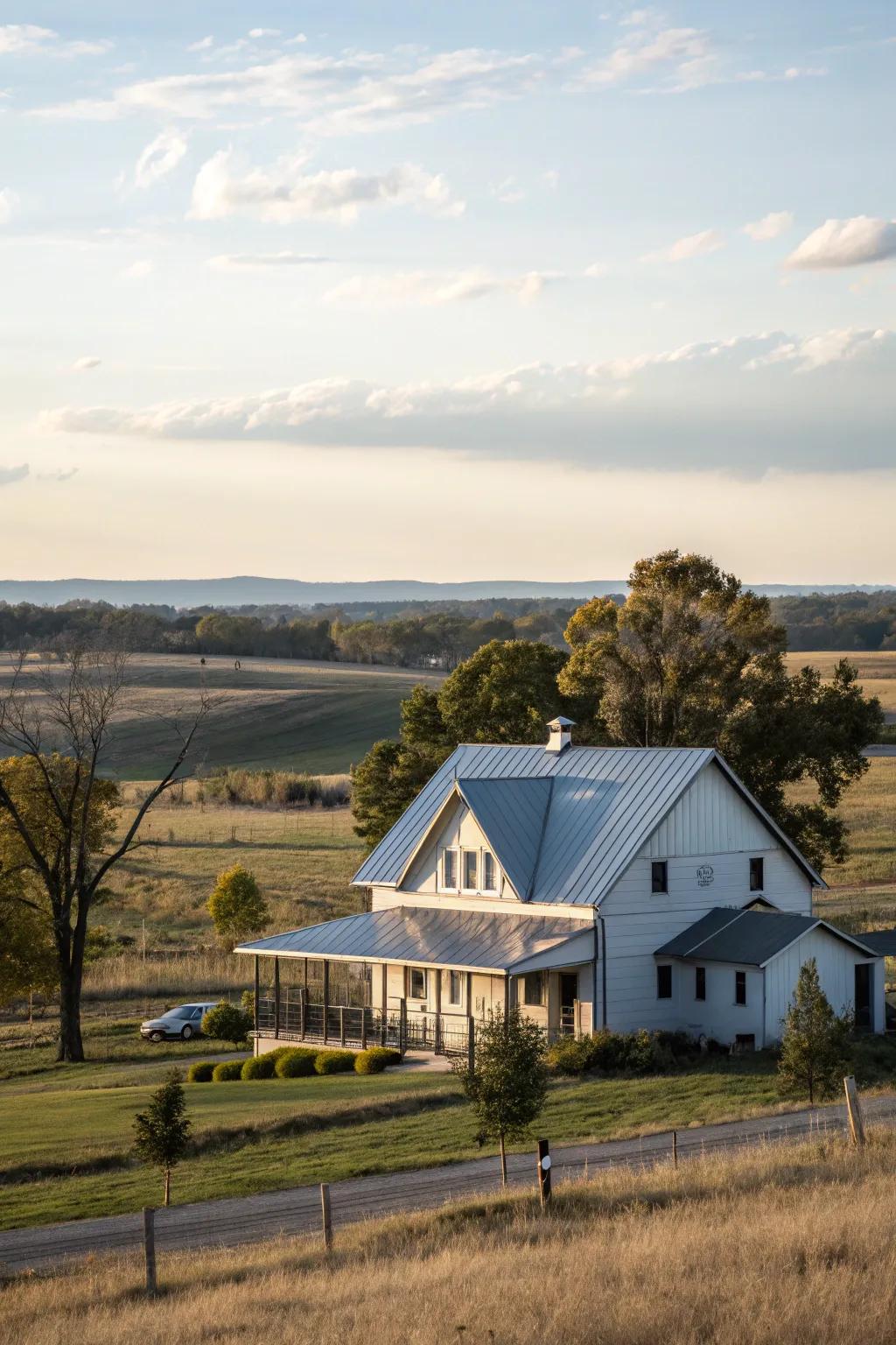 Rustic charm: The farmhouse gleams beneath its reflective metal roof.
