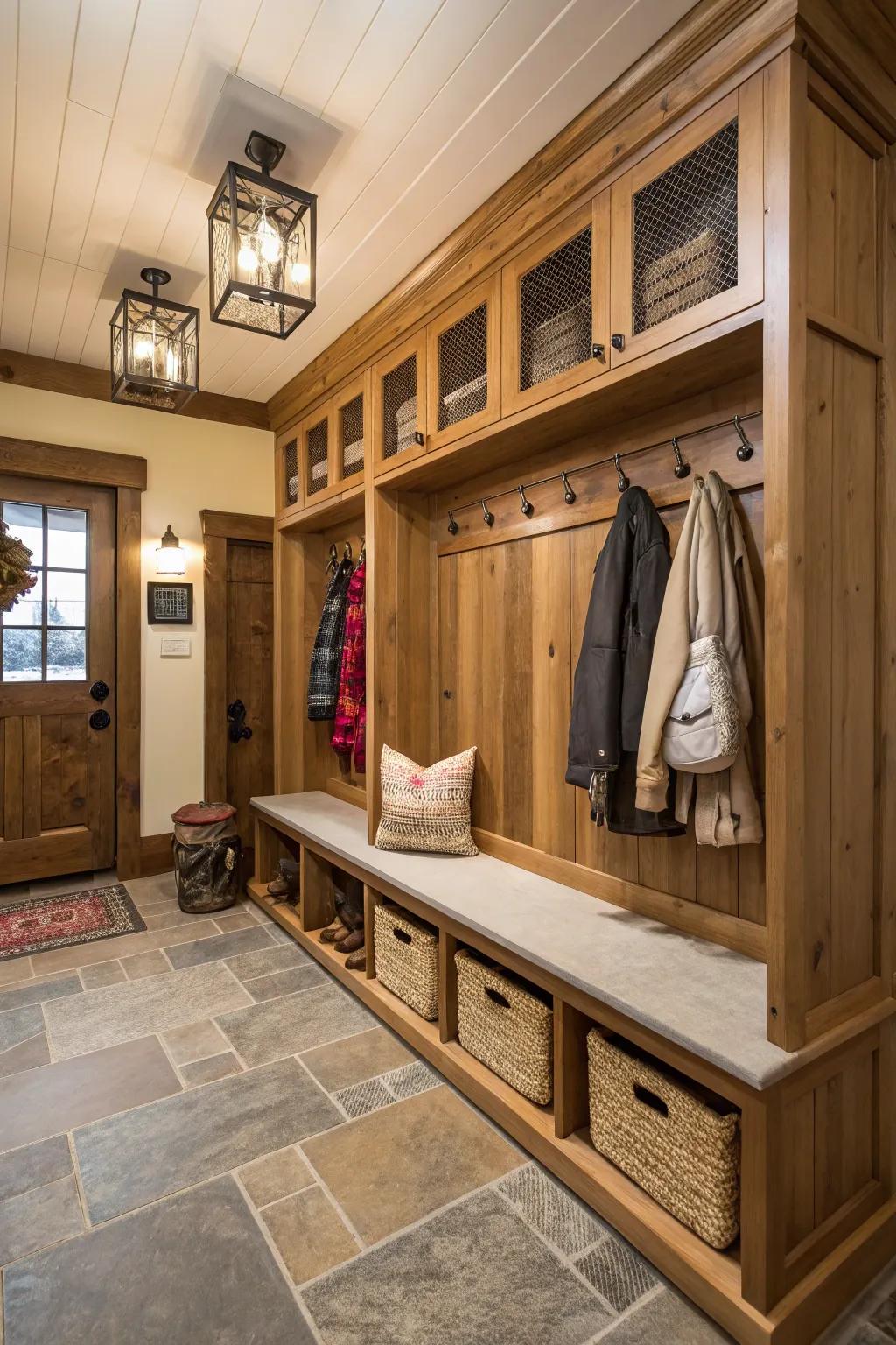 Useful mudroom featuring fitted seating and storage.