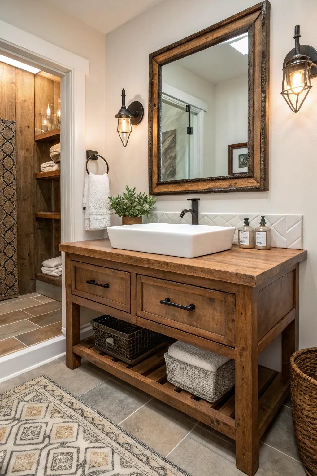 A salvaged timber sink base in a modern farmhouse washroom.