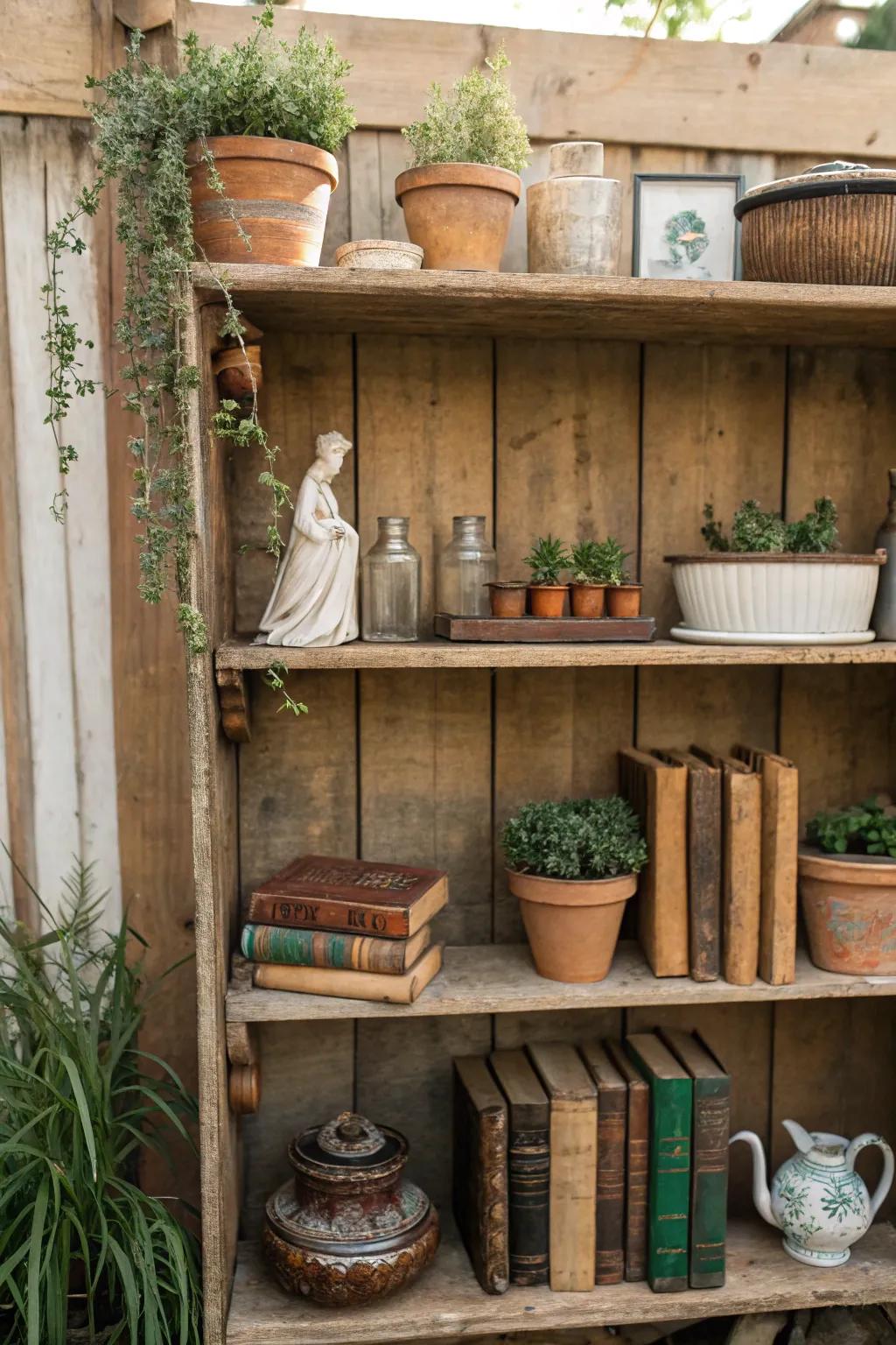 Natural wood shelves displaying vintage decors and plant life.