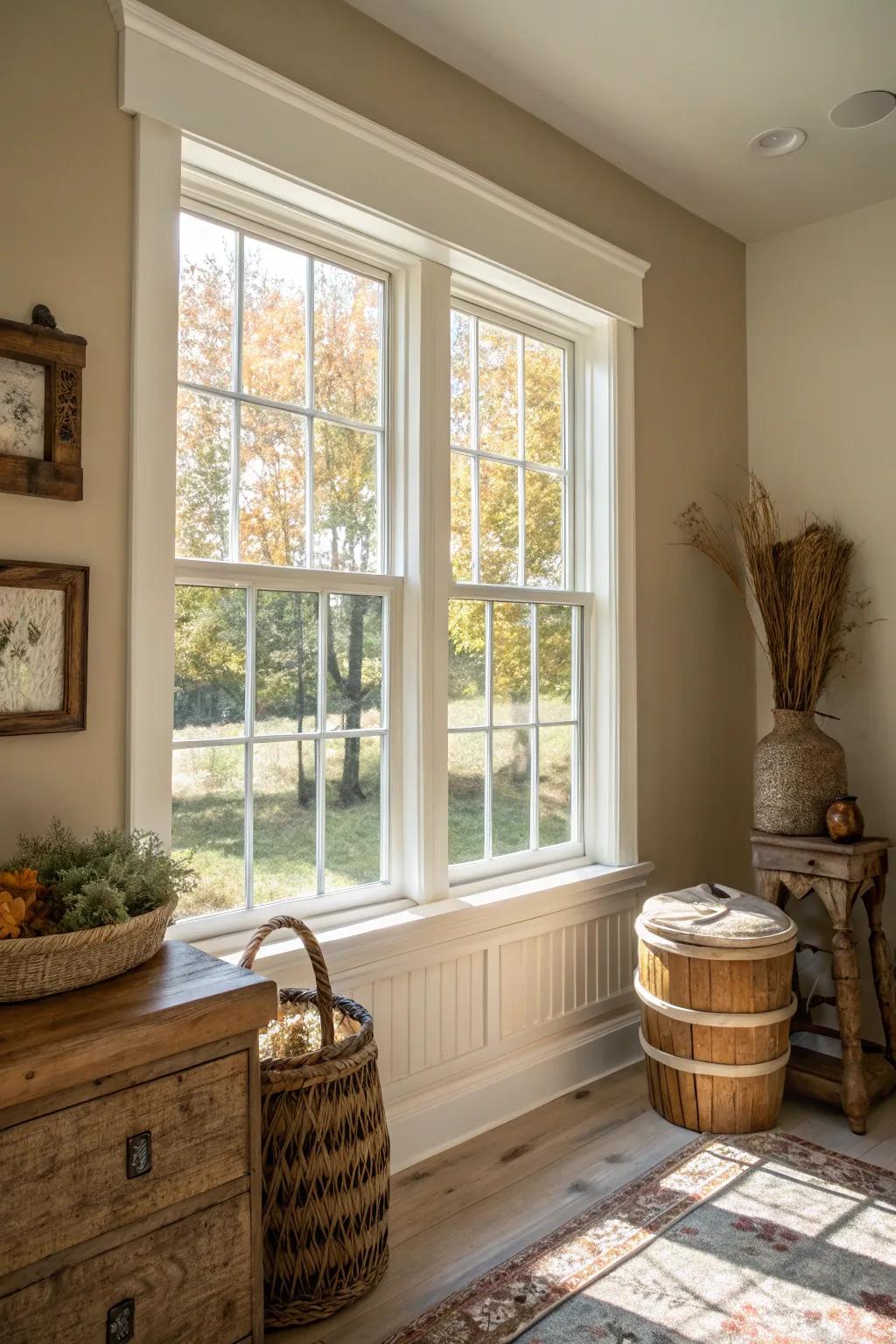 White window trim, adding brightness to a modern farmhouse room.