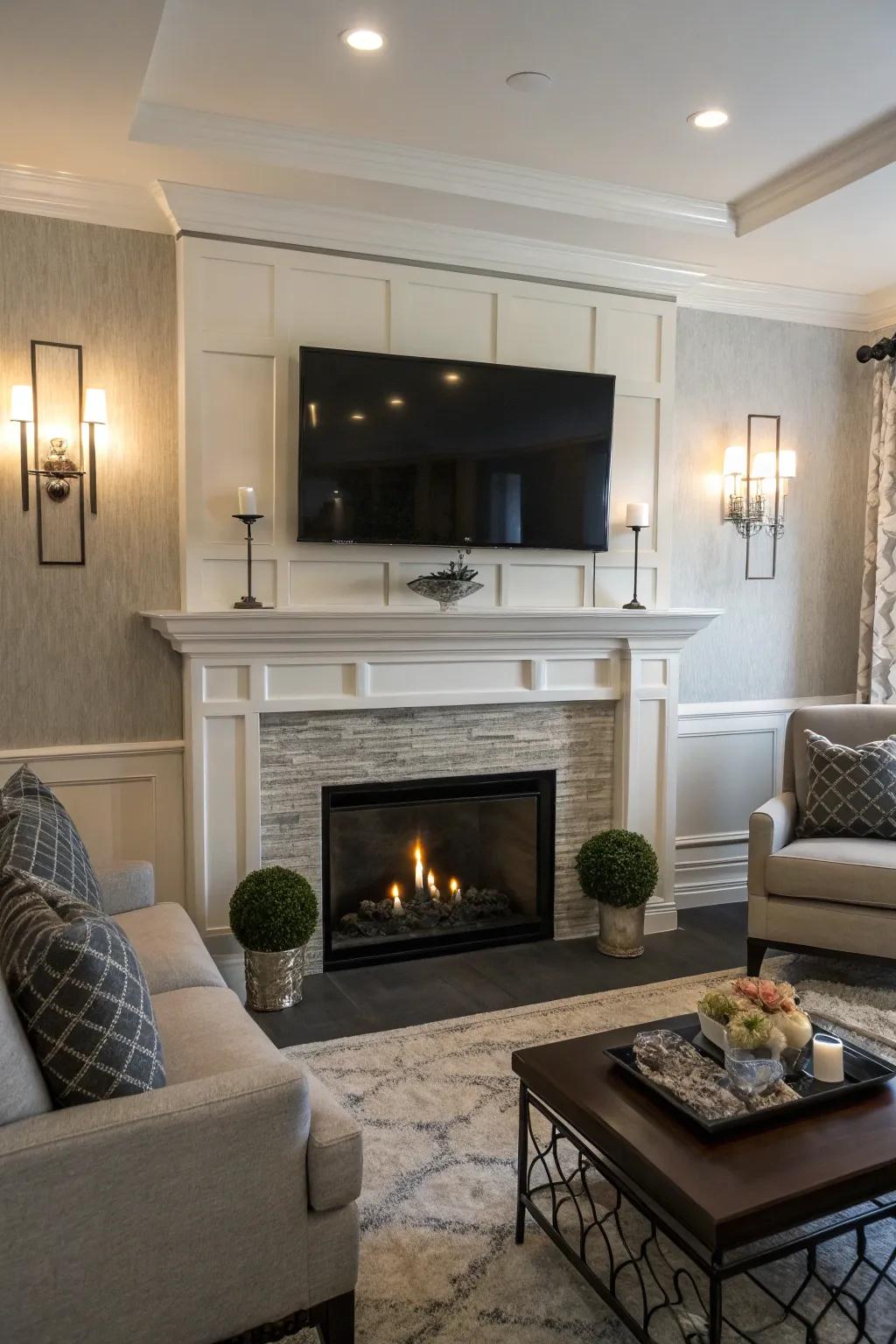 Elegant twin lights bring a sense of balance to a fireplace and TV display.