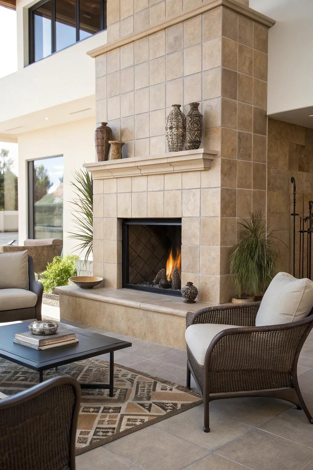 A fireplace adorned with subtle-toned tiles within a modern setting.