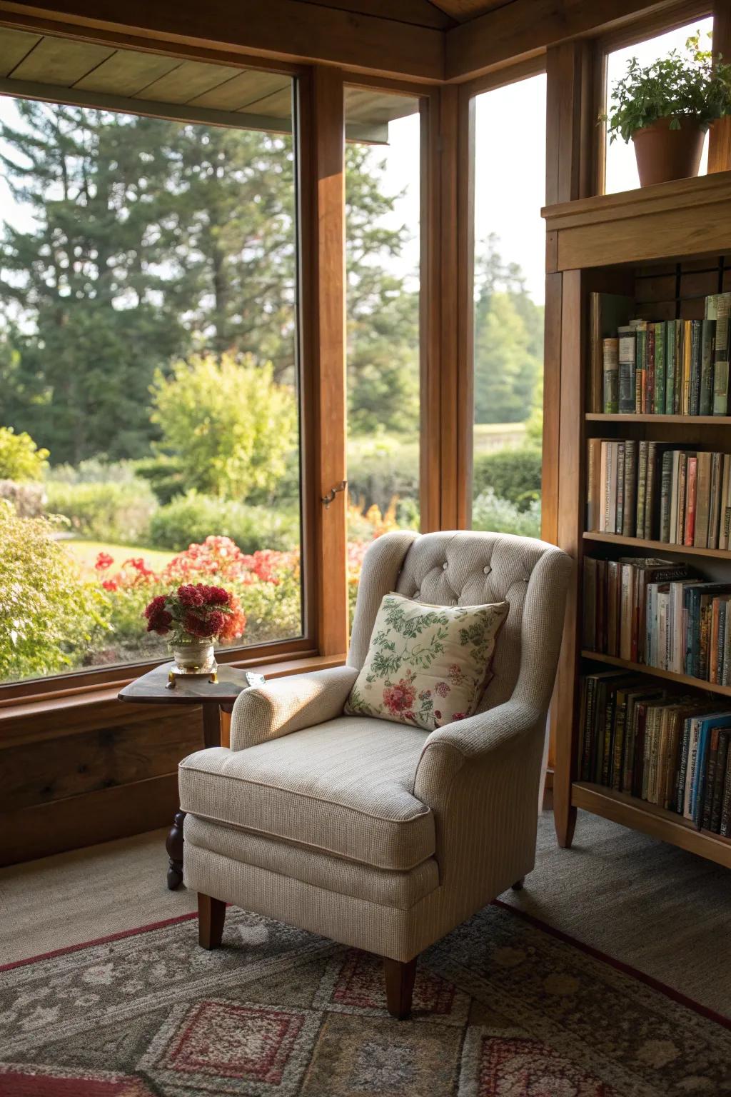 A delightful reading nook awash with sunlight, providing the perfect escape with a beloved book.