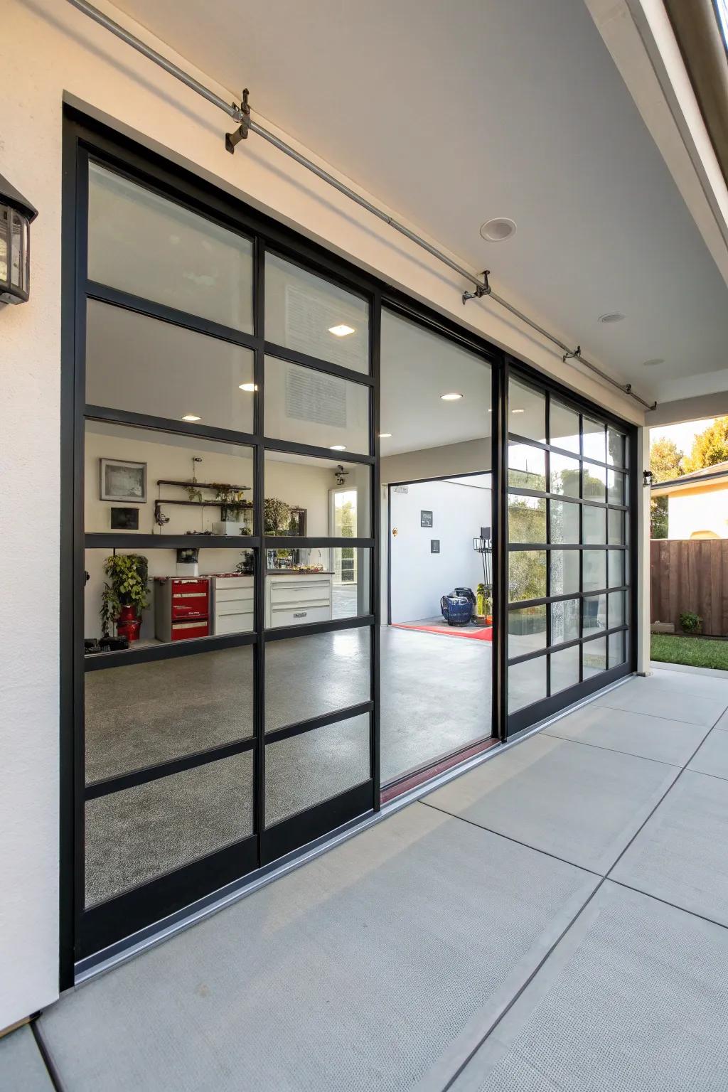 Glass sections infuse elegance and natural illumination into your garage.
