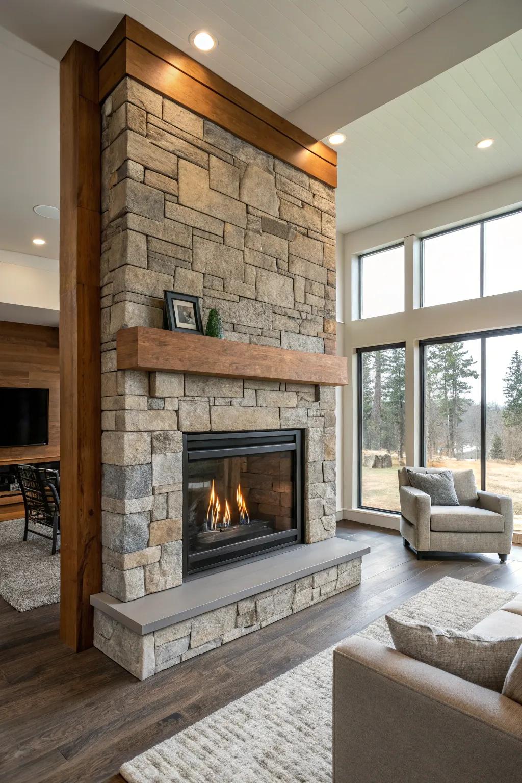 A gas fireplace displaying mixed materials to enhance its texture.
