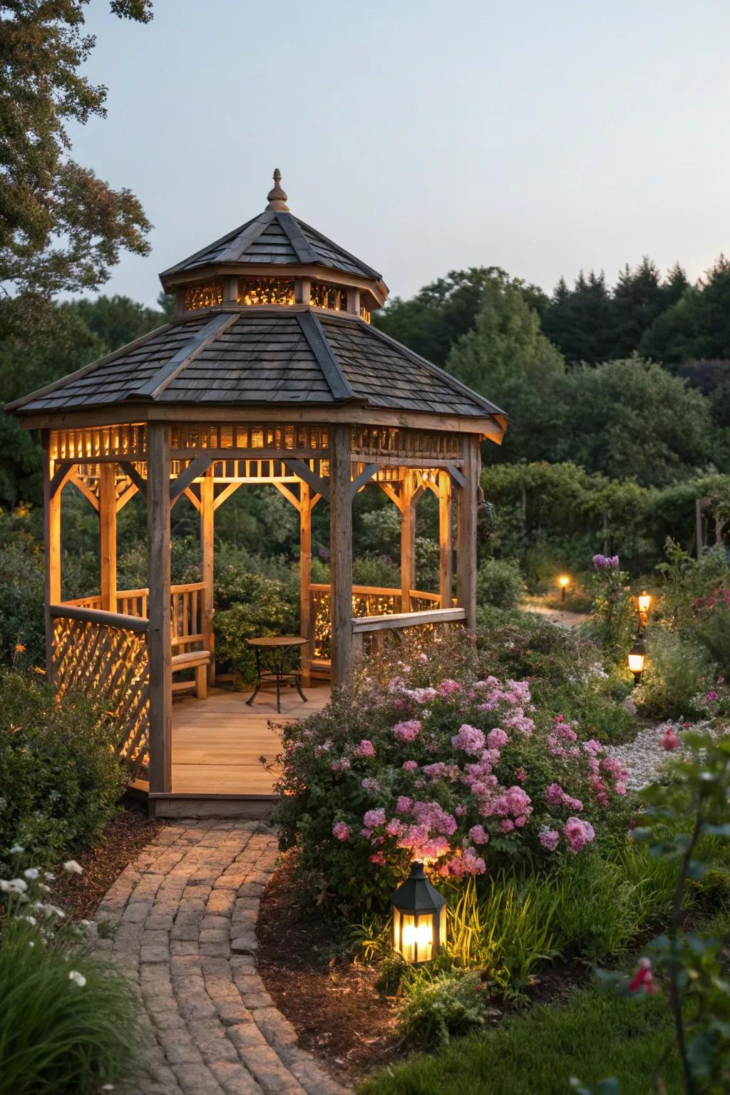A rustic wood slat gazebo that provides a warm and welcoming outdoor retreat.