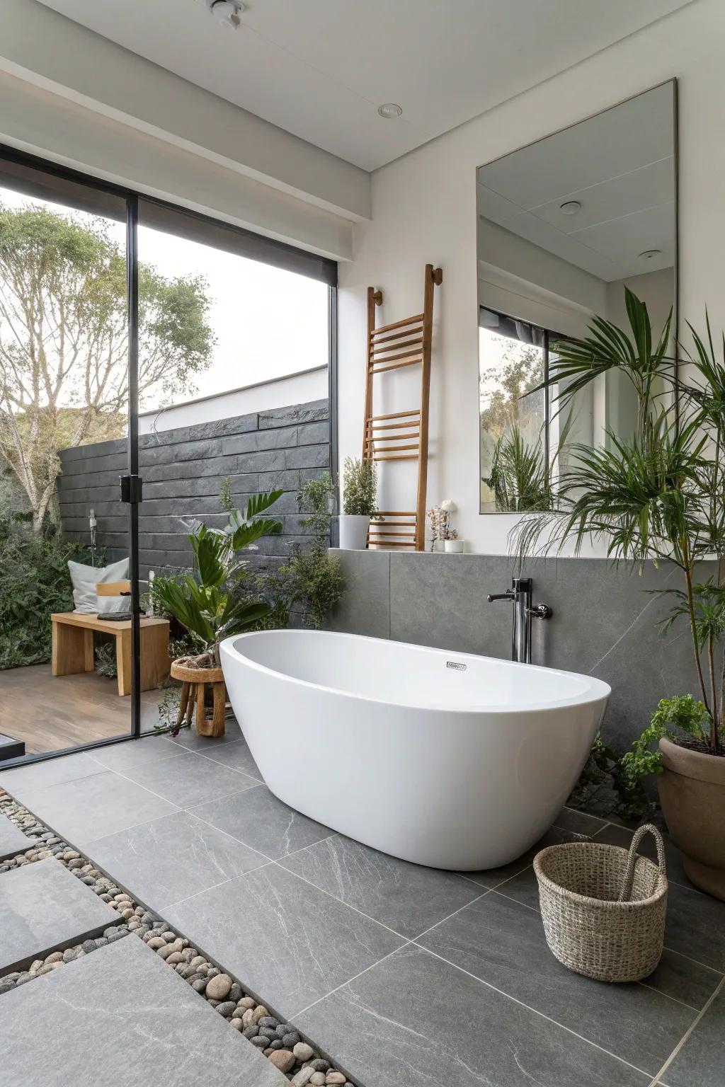 An unattached tub becomes a design focal point, increasing the bathroom's overall charm.