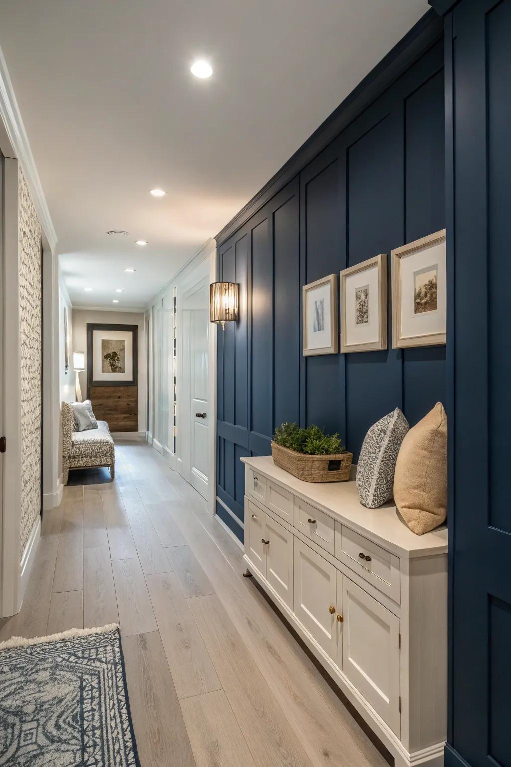 A bold navy accent wall brings a sense of depth and intrigue.