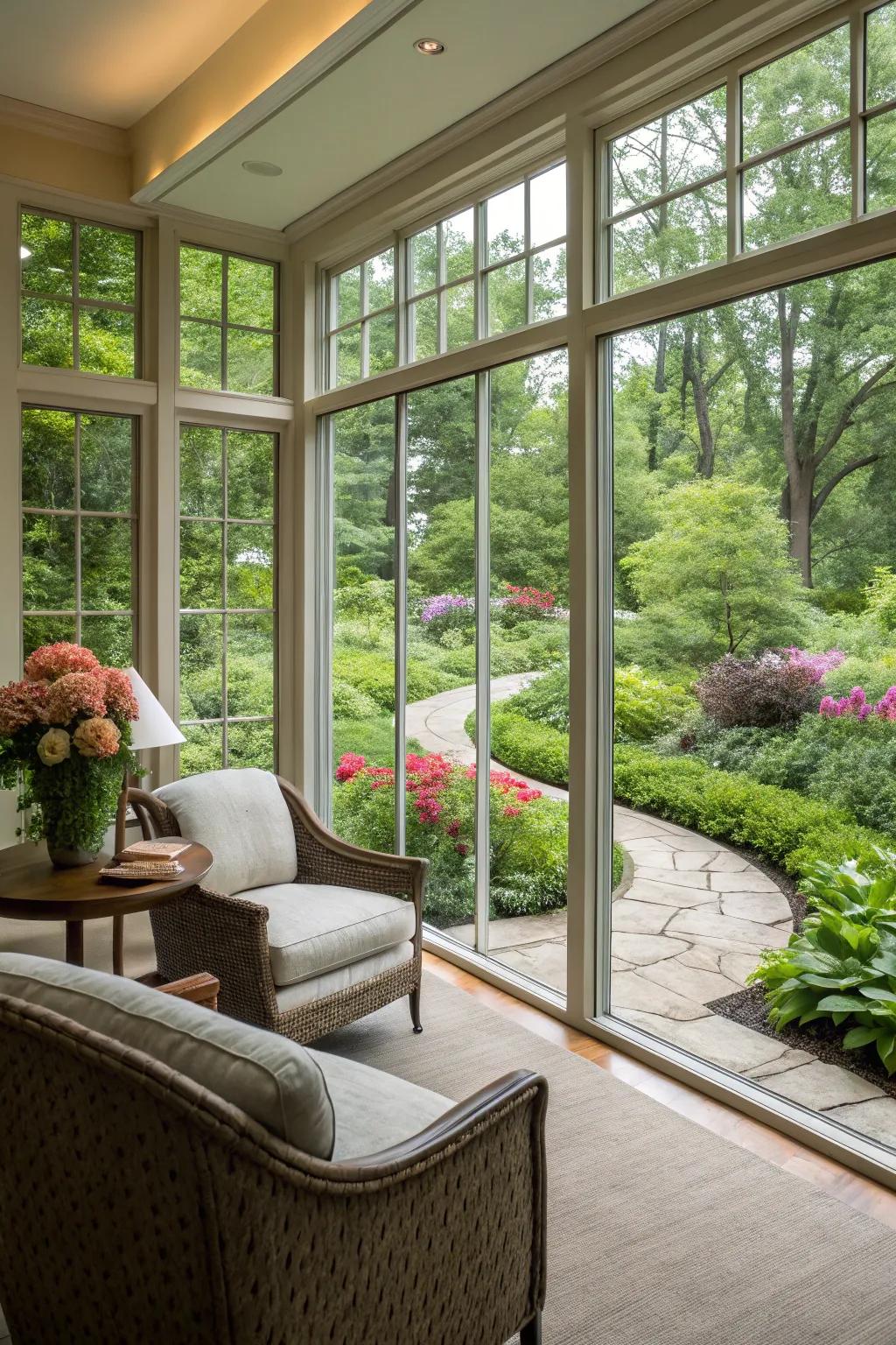 A luminous room featuring expansive windows that connect the interior with the exterior.
