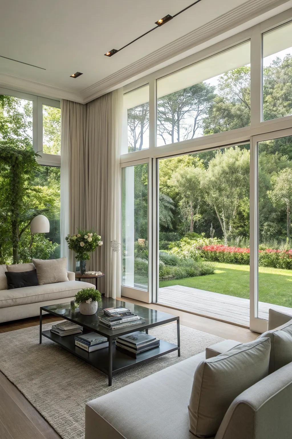 Stunning indoor view through large, expansive windows.