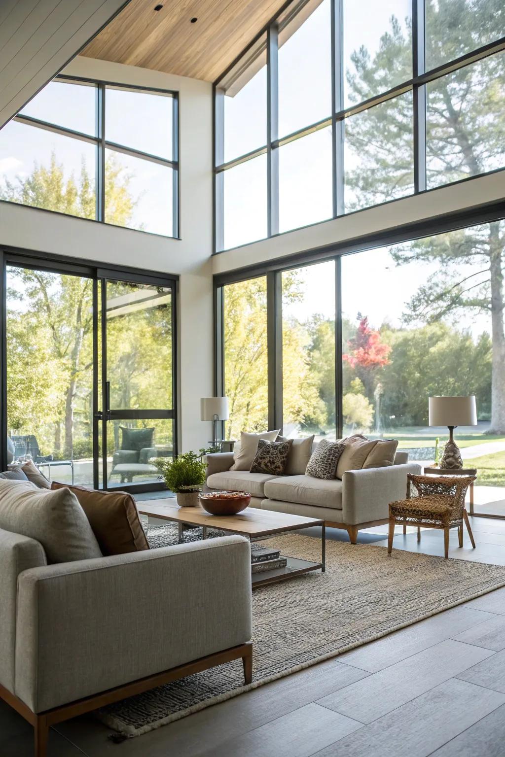 Large contemporary windows in a living area, allowing ample natural light.