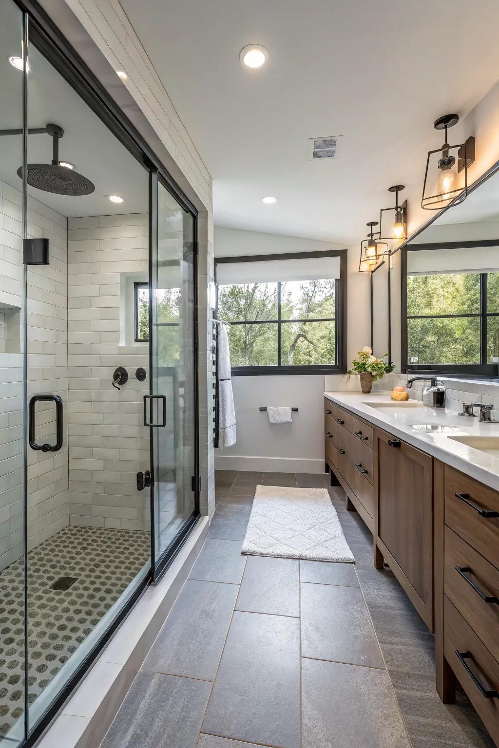 A shared shower space boosts practicality in dual-access lavatories.