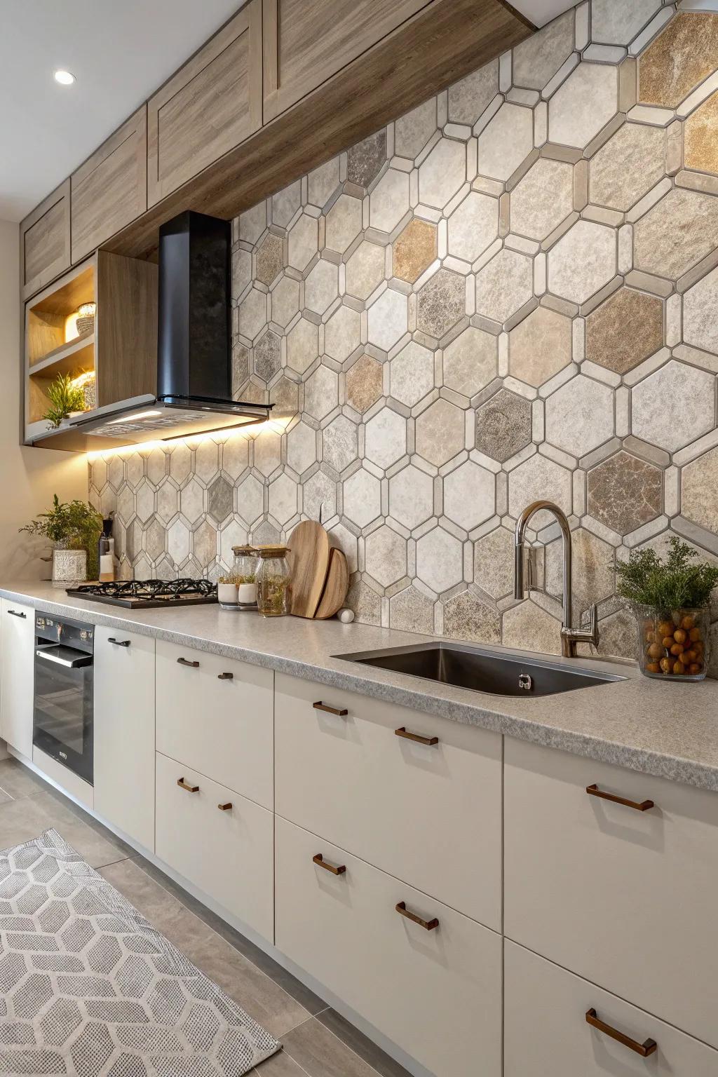 Six-sided tiles infuse geometry and panache into your kitchen.
