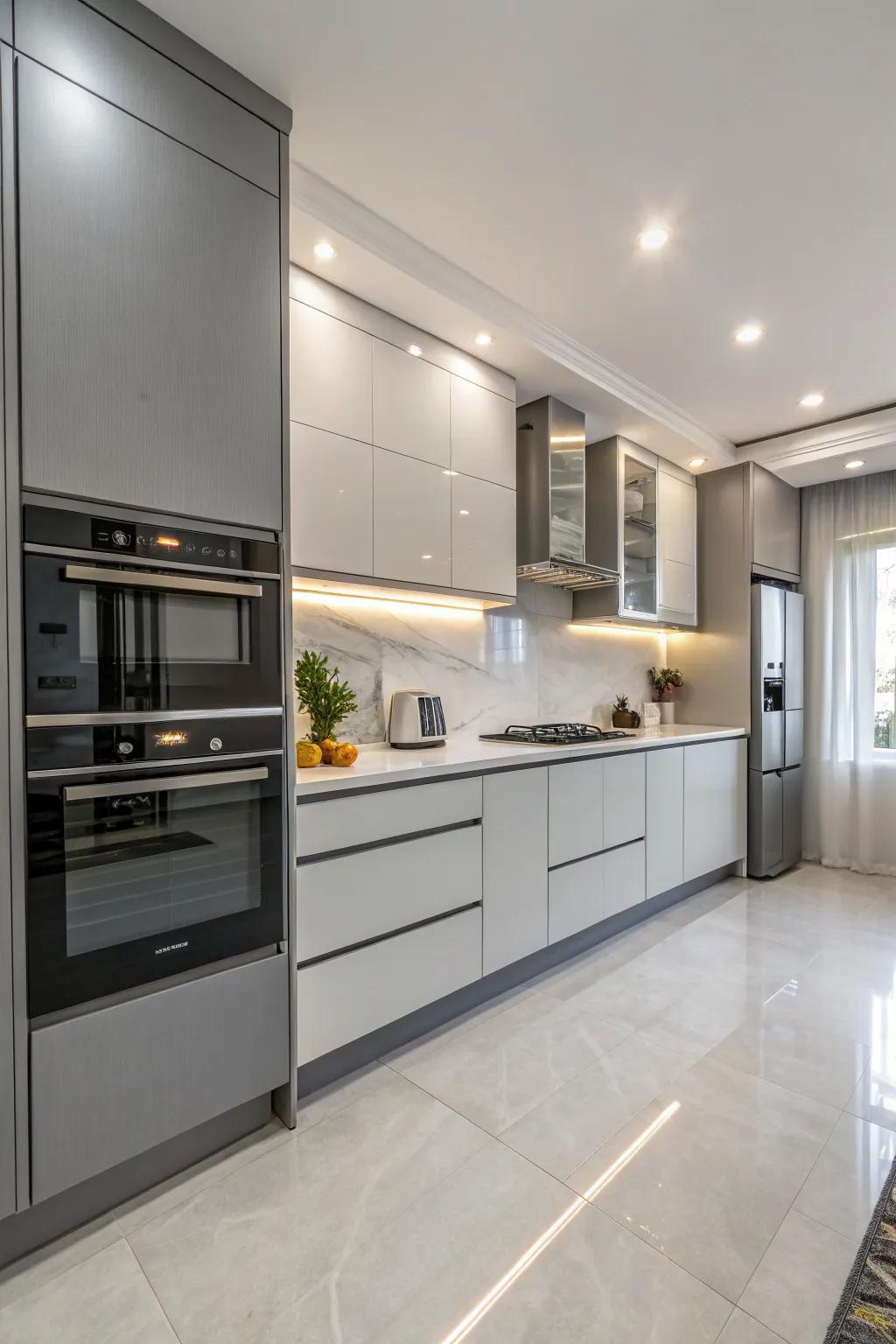 Gentle tones bring a sophisticated feel to modern cabinets.