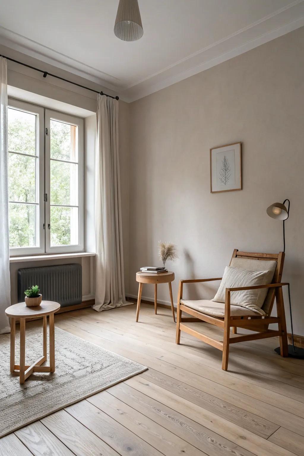 A minimalist room enhanced by the simplicity of light wood floors.