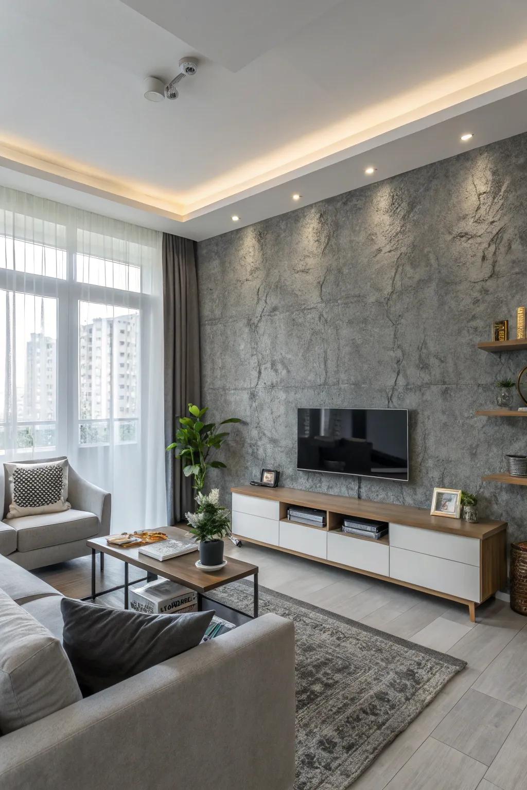 A layered gray wall enriches this contemporary living area with depth and class.
