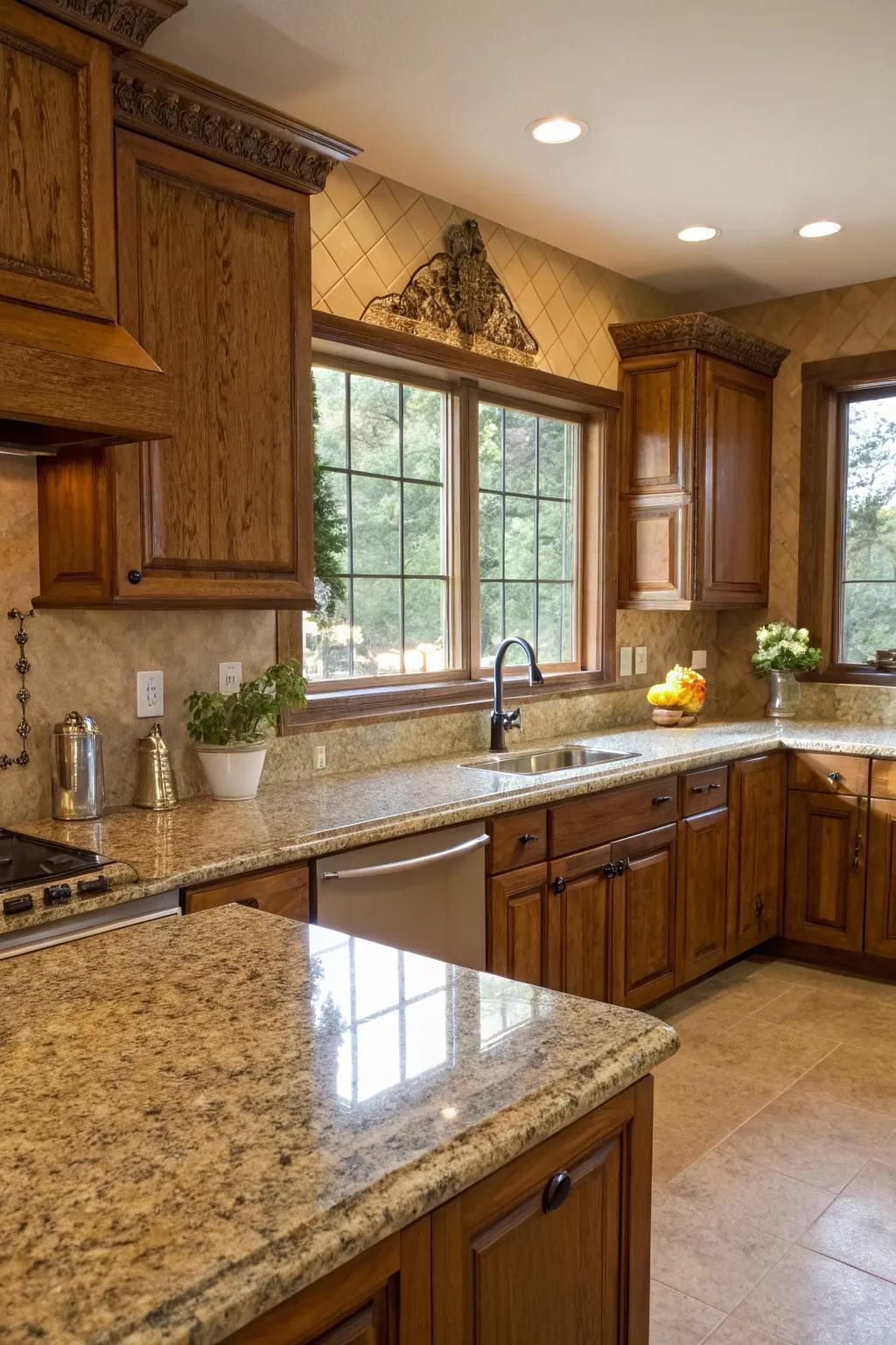 Stone countertops lend sophistication to rustic wood environments.