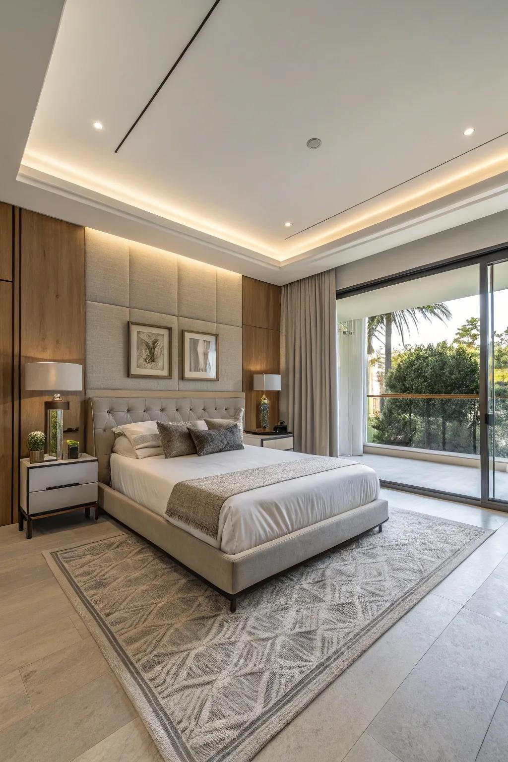 A contemporary bedroom displays understated furniture to create a spacious ambiance.