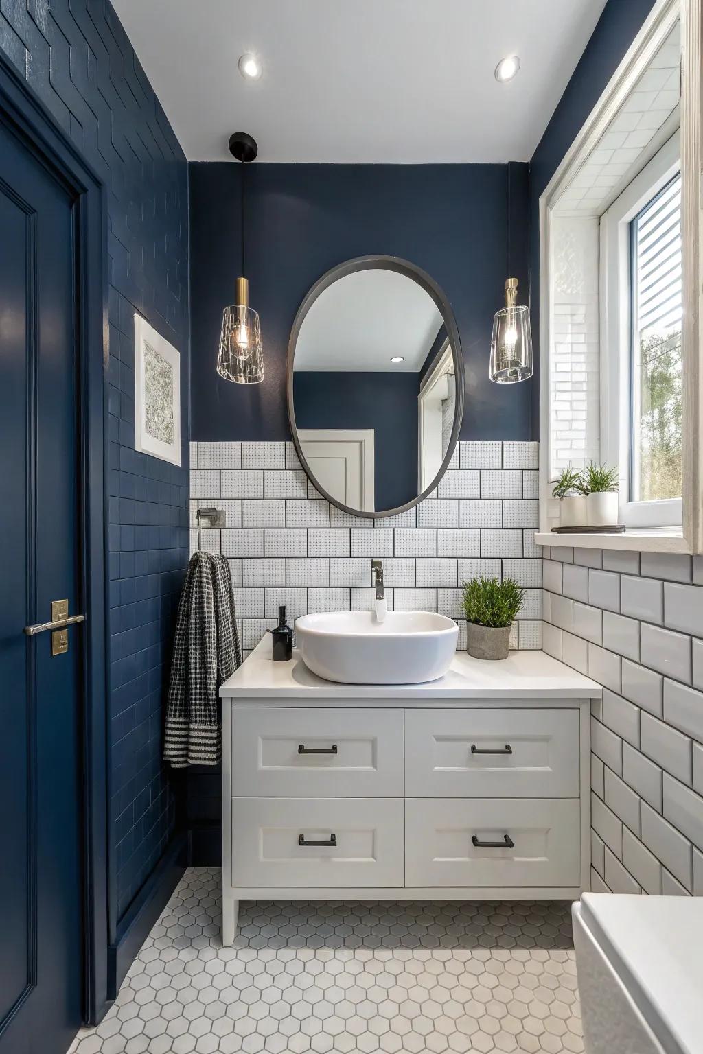 Crisp white tiles provide a beautiful contrast to deep sea blue walls.