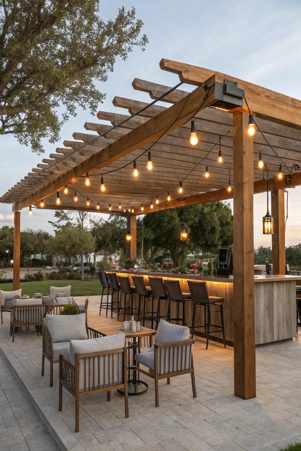 An alluring bar area shaded by a pergola, a delight on sunny days.