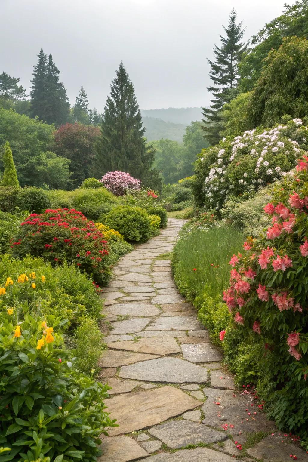 A tranquil garden path composed of organic stone, perfectly in sync with the lush surroundings.