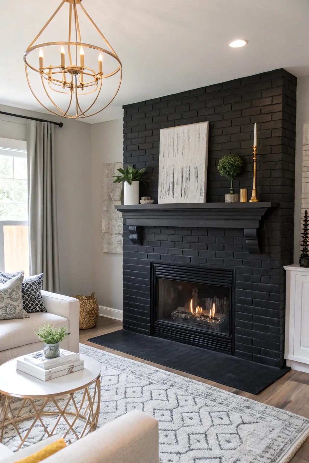Jet-painted brick fireplace contributes remarkable panache.