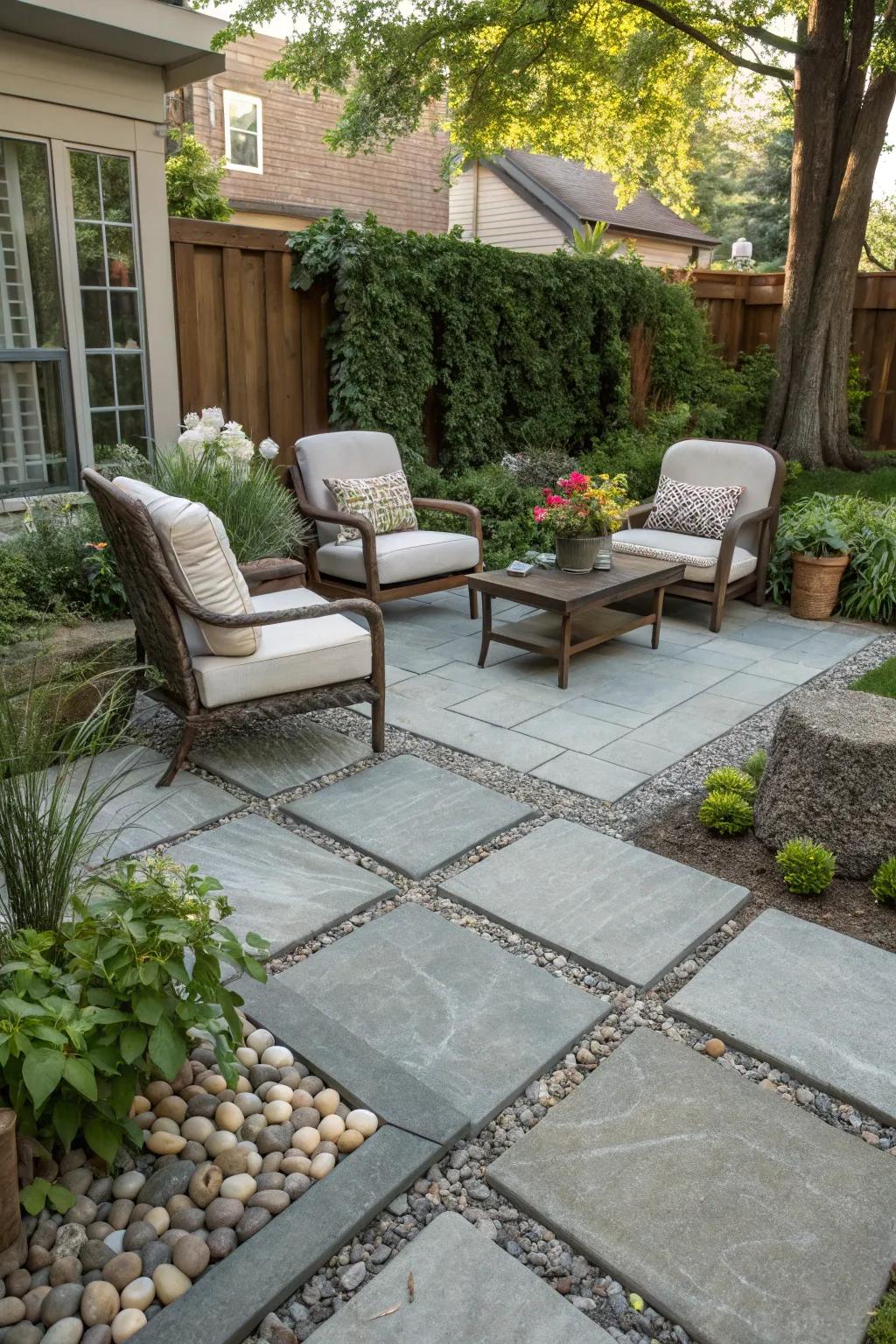 Integrating materials like loose stones and slabs sparks visual intrigue.